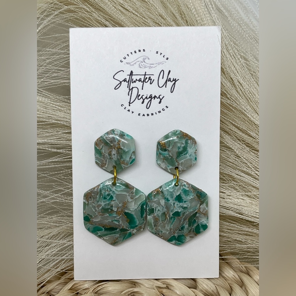 Handmade Sea Glass-Inspired Double Hexagon Dangle Earrings | New with Tags